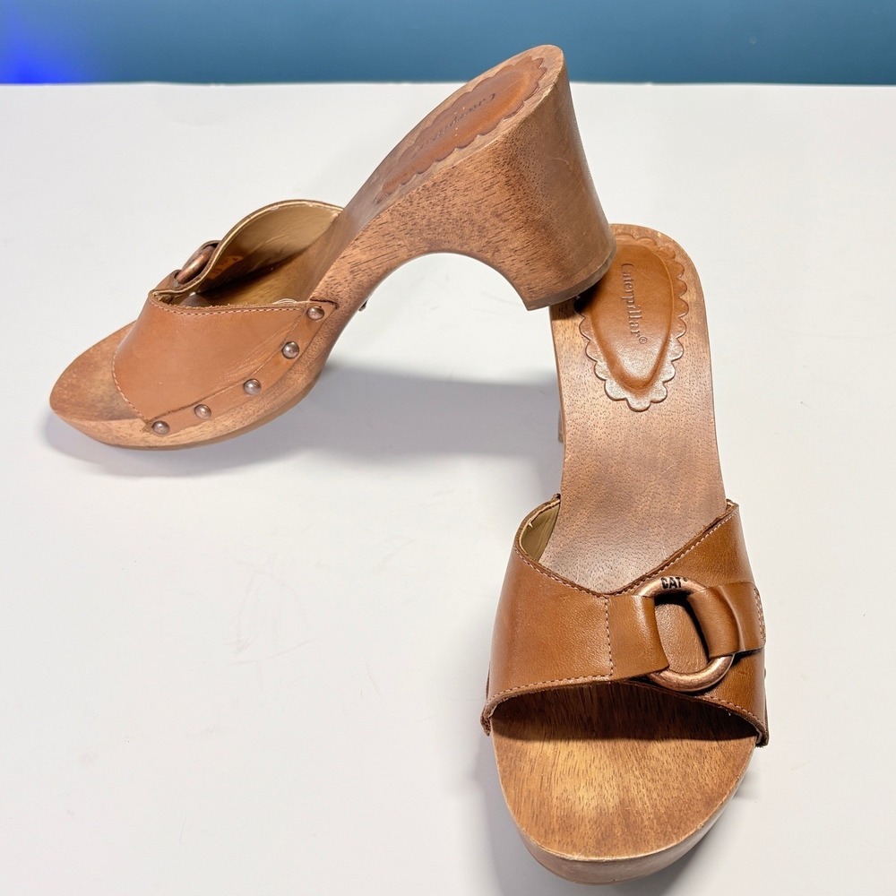 Cat Leather Wood Platform Heel Sandal Clogs Size 8 Leather Studded Mules Boho